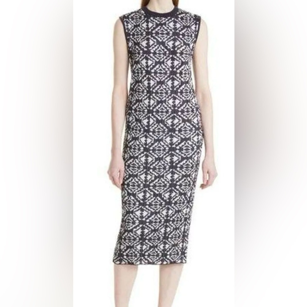 BOSS Feyres Geo Pattern Ribbed Sheath Dress in Midnight Size Large